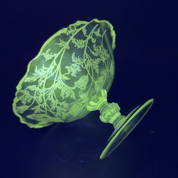 1950s HEISEY ORCHID Footed Pedestal Dish Bowl Silver Overlay Manganese 365nm UV - Picture 13 of 16